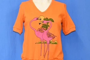 vtg 80s FLAMINGO PALM TREE V-NECK ORANGE NEON DEADSTOCK t-shirt WOMEN'S SMALL S - Picture 1 of 3