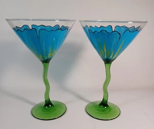2 Libbey grün blau Z Stiel Martini handbemalt Cocktail Cosmo Gläser Zick Zack - Bild 1 von 7