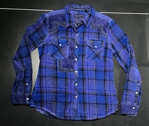 Affliction Black Premium Size L Pearl Snap Embroidered Blue Shirt - Picture 1 of 3