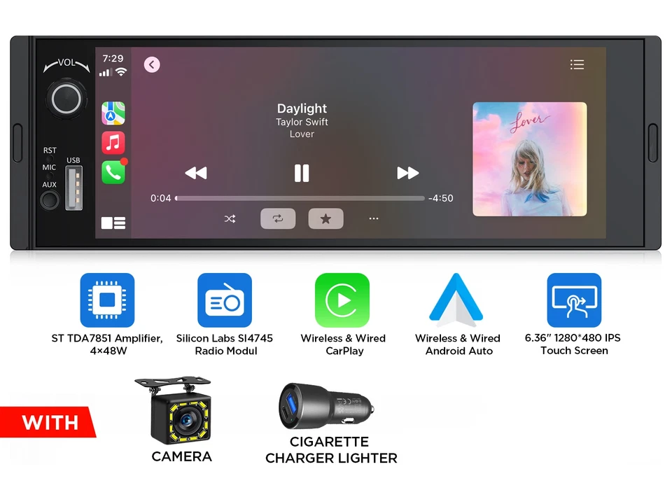1DIN 6,36 Zoll IPS Touchscreen Android Auto Autoradio CarPlay Bluetooth GPS Navi - Bild 1 von 4