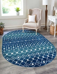 Unique Loom Tribal Trellis Collection 4' x 6' (Oval), Navy and Teal/Ivory  - Picture 1 of 6