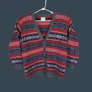 Cárdigan Suéter Grande Rojo Gris Vintage Susan Bristol Mezcla Mohair Fair Isle - Imagen 1 de 7