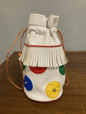 Vintage Drawstring Hippie Purse Polka Dot MOD Bag Pouch Fringe Leather - Image 1 of 4