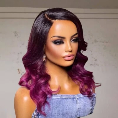 Ombre Peluca Roja Purpúrea Onda Corporal Pelucas Cabello Humano Suave 4x4 Encaje Frontal Peluca Fiesta Foto 1 de 4