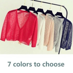 Women Knit Cardigan Sweater Shrug Crop Top Coat 3/4 Sleeve Button Down Sheer Red - Picture 1 of 19