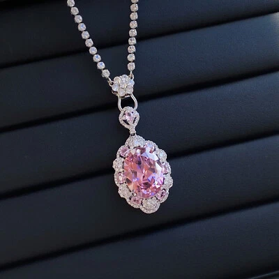 New Luxury Party Jewelry Big Oval Pink Topaz Gems Women Silver Necklace Pendant - Image 1 of 4