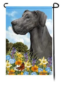 Summer Flowers Garden Flag - Uncropped  Blue Great Dane - Picture 1 of 1