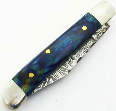 Mini Trapper Pocket Knife Handmade Damascus Steel Folding Knife Blue Wood Handle - Image 1 of 4