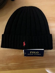 NEW Polo Ralph Lauren Men's Wool Blend Ribbed Knit Beanie Hat Black O/S - Picture 1 of 6