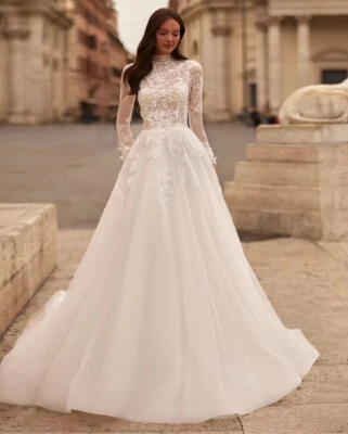 Elegantes Vestidos de Novia Línea A Cuello Alto Mangas Largas Encaje Apliques Vestidos de Novia Foto 1 de 4