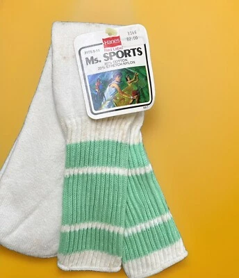 VTG Hanes Ms. Sports Socks Striped 9-11 Cotton Tube NOS 80's Green USA 90's - Image 1 of 4