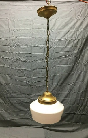 Antique 12" Schoolhouse Bank Ceiling Light Milk Glass Globe VTG Metal 186-22B Cover