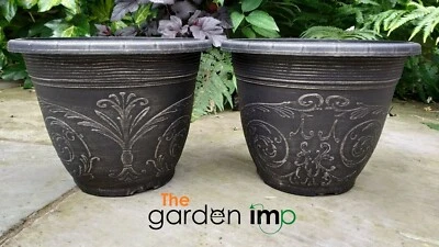 THE GARDEN IMP Round Garden Decorative Planter Pot Outdoor Ornate Black Gothic 20cm Plant Pots