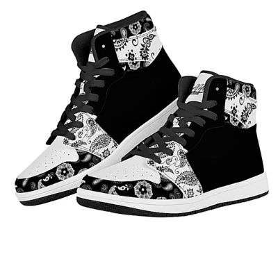 Entrenadores de cuero de baloncesto unisex de diseño personalizado - diseño de pañuelo en blanco y negro Foto 1 de 4