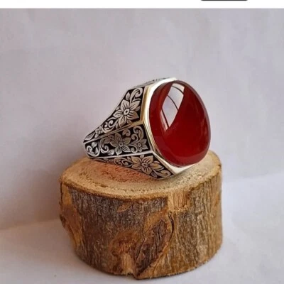 Natural Yamni Aqeeq Ring Men Brown Aqeeq Stone Ring agate Silver 925 - Imagem 1 de 4
