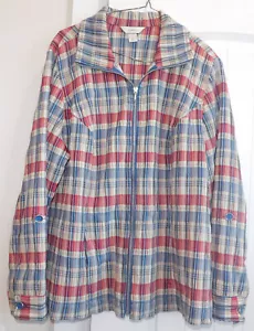 CJ Banks BLUE BEIGE RED Plaid CRINKLE  Zip Front Jacket Long or 3/4 Sleeve 1X - Picture 1 of 5