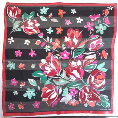 Bufanda floral vintage Jones New York mezcla de seda negra transparente a rayas 21" Foto 1 de 4