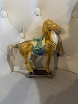 Vintage Chinese Tang Dynasty Style Sancai Glaze Horse Sculpture 8 1/4" Tall - Image 1 of 3
