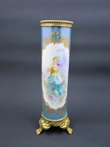 ANTIQUE ROCOCO SEVRES FRANCE BRONZE MOUNTED PAINTED PORCELAIN BRUSH POT 5.5” - Picture 1 of 19