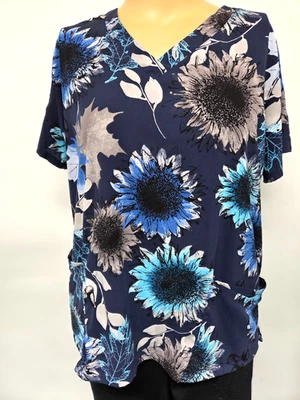 Butter-Soft XL Navy Sunflowers Scrub Top Pockets Stretch - Image 1 of 3