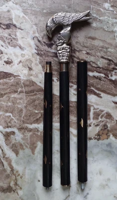 Walking Stick Cane Skeletal Head handle Black wooden Designer Silver Aluminum - Image 1 of 4