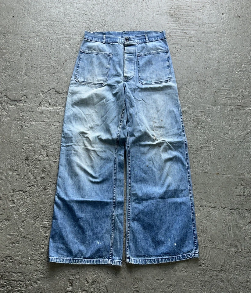 Pantalones de mezclilla vintage USN azul marino años 50 Segunda Guerra Mundial acampanados botón mosca plantilla de colección 32x30 Foto 1 de 4