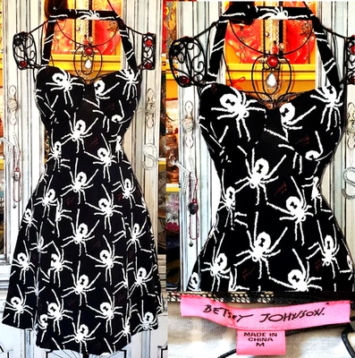 Betsey Johnson Y2K Black Widow Spider Fit & Flare Coquette Babydoll Slip Dress M - Image 1 of 4