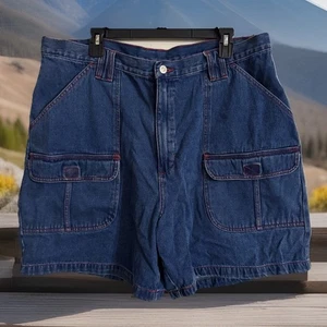 Pantalones Cortos de Jean Y2K Caran Para Mujer 22 Lavado Medio Denim Rojo Acento Bolsillo de Carga RARO - Imagen 1 de 4