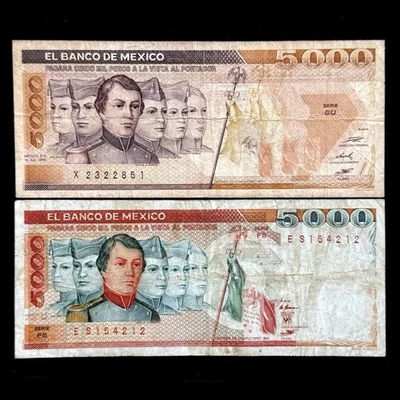 Lot 1985 Mexico Paper Money 5000 Pesos Bill Cadets Ninos Heroes Banknote Cash VG - Image 1 of 2