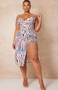 PrettyLittleThing Zebra Print Animal Mesh Cowl Neck Ruched Midi Dress NWT  10 - Picture 1 of 9