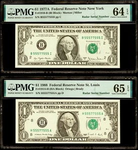 Matching Binary Radar Serial Numbers 55577555 PMG 65 EPQ PMG 64 EPQ Uncirculated - Picture 1 of 2