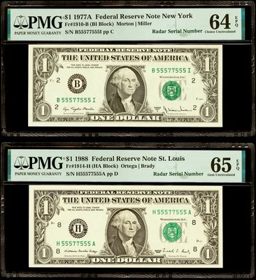 Matching Pair Of  Binary Radar Serial Numbers 55577555 PMG 65 EPQ PMG 64 EPQ - Image 1 of 2