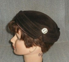 Vintage Lady's Brown Velour Corona Hair Accessory Hat Beret w/Rhinestones