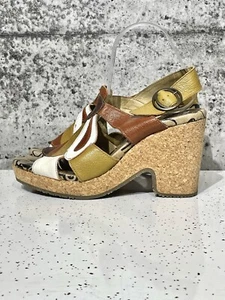 Fly London Cork Heel Sandal 41 Mustard Leather Open Toe Slingback Pump Vintage - Picture 1 of 7
