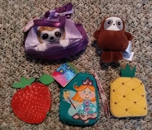 Fancy Pals Sloth Steven Joseph Wristlet Pineapple Strawberry Coin Purse 5 Pc New - Picture 1 of 6