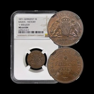 GERMANY. 1871, 1 Kreuzer - NGC MS64 - Baden, Griffins, Victory vs. France - Picture 1 of 7