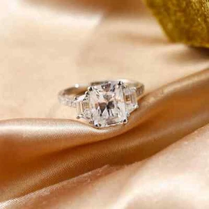 1 Ct Radiant Cut Real Moissanite Three Stone Wedding Ring 14K White Gold Plated - Picture 1 of 6