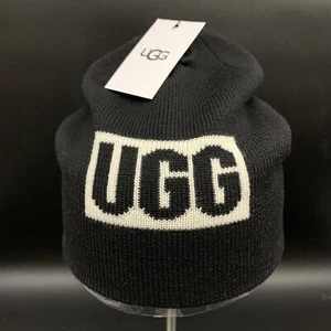 UGG BEANIE KNIT HAT ONE SIZE BLACK LOGO ACRYLIC WOOL BLEND - Picture 1 of 10