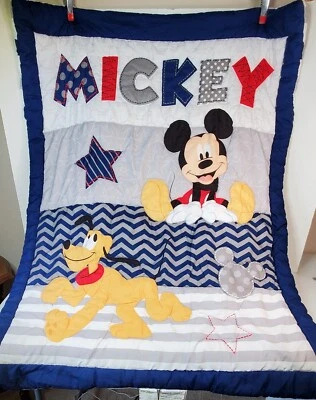 Disney Baby Mickey Mouse & Pluto Baby Blanket Quilt Blue Gray White - Image 1 of 4
