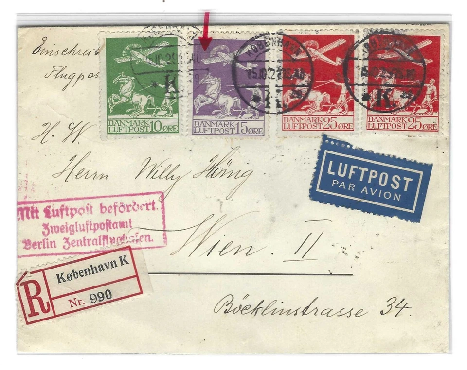 DINAMARCA 1929 A ALEMANIA CORREO AÉREO REGISTRADO CUBIERTA COPENHAGUE A BERLÍN FRANQUEADO Foto 1 de 2