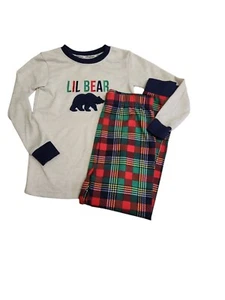 Dearfoams Boys Lil Bear Pajama Set Size S Plaid Red/Green Pants & Long Sleeve To - Picture 1 of 5