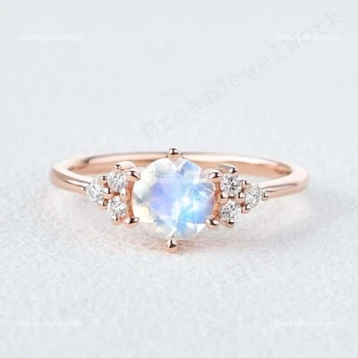 14k  Rose Gold 5 MM Round Shaped Natural Moonstone Cubic Zirconia Cluster Ring Foto 1 de 4