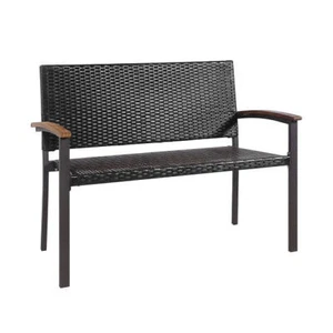 Outdoor Patio Rattan Wicker Bench with Armrest for Garden - Color: Black - Picture 1 of 5