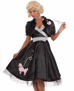 50's Diva Poodle Dress Costume 3 Pc Blk Poly Satin Dress Jacket & Sequin Belt - Picture 1 of 6