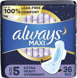 Always Maxi Pads with Wings, Size 5, Extra Heavy Overnight Absorbency - 36 CT - Picture 1 of 8