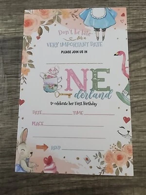 1st Birthday "Onederland" First Birthday Party Invitations w/Envelopes - Girl - Image 1 of 2