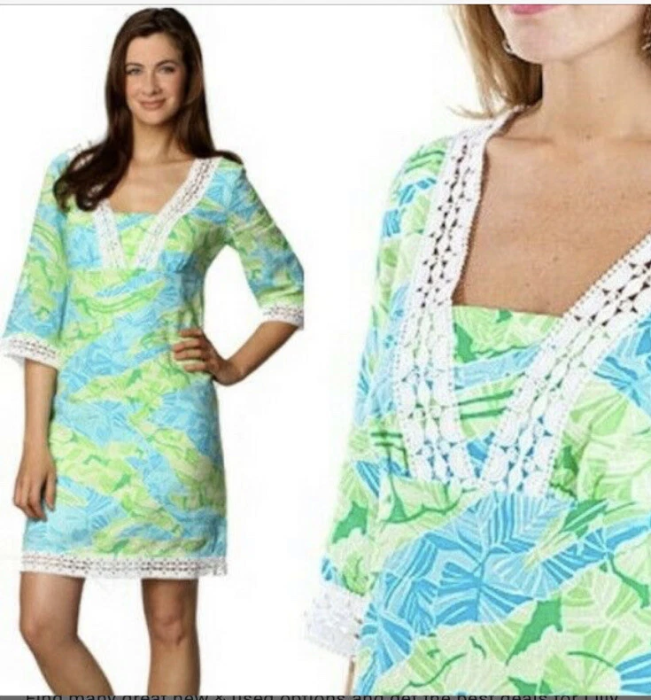 Lilly Pulitzer Turquoise Gator Alley Linen Lace Trim Cocoa Dress Size 6