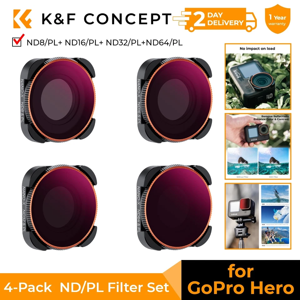 K&F Concept 4-Pack ND&CPL Lens Filter ND8/15/32/64 CPL for GoPro Hero12/11/10/9 - Image 1 of 4
