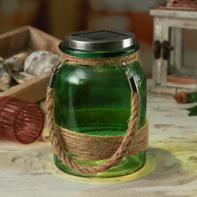 LED Solarglas mit Juteseil Windlicht Laterne Solarleuchte Tischleuchte 16cm grün - Bild 1 von 4