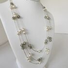 Vintage Herrinbone Beaded Necklace 3 Stands Layered Silver Tone Chain 20"-24"
